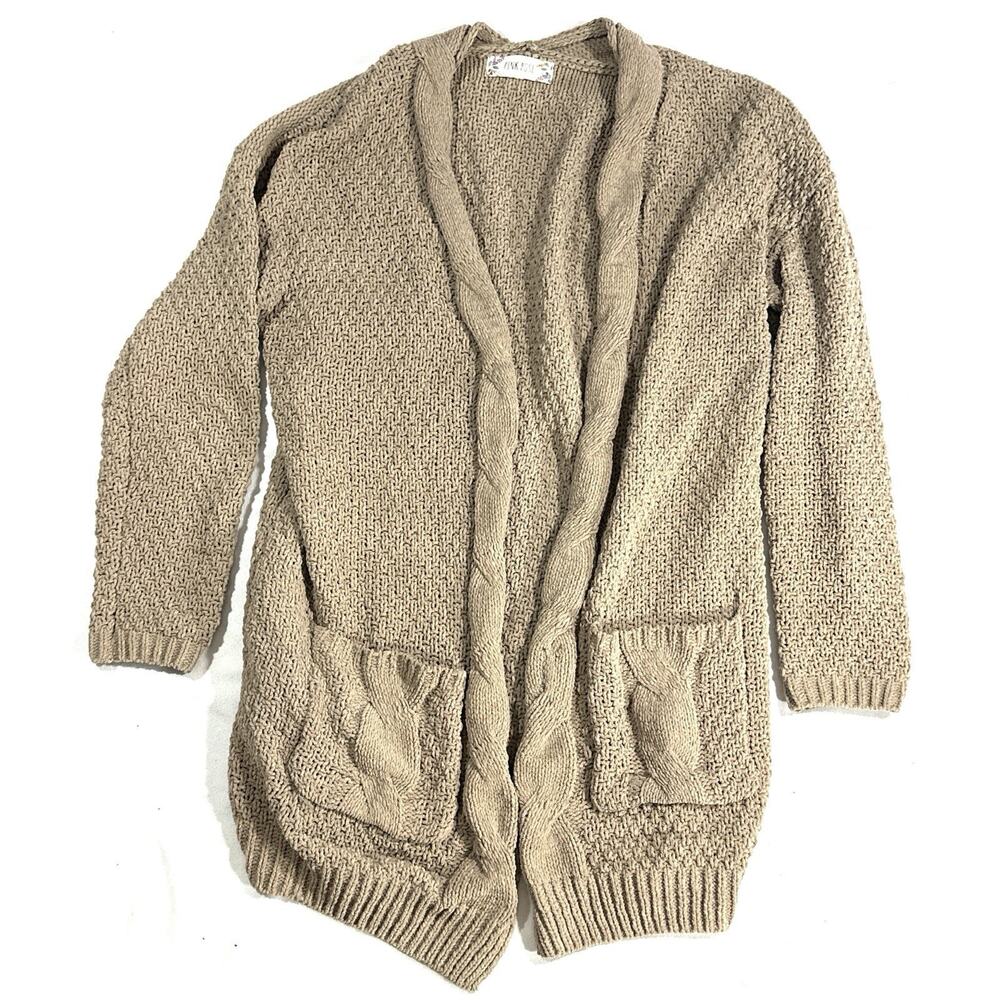 Pink Rose Beige Cable Knit Cardigan Sweater Small Open Front Longline Pockets - Picture 3 of 13